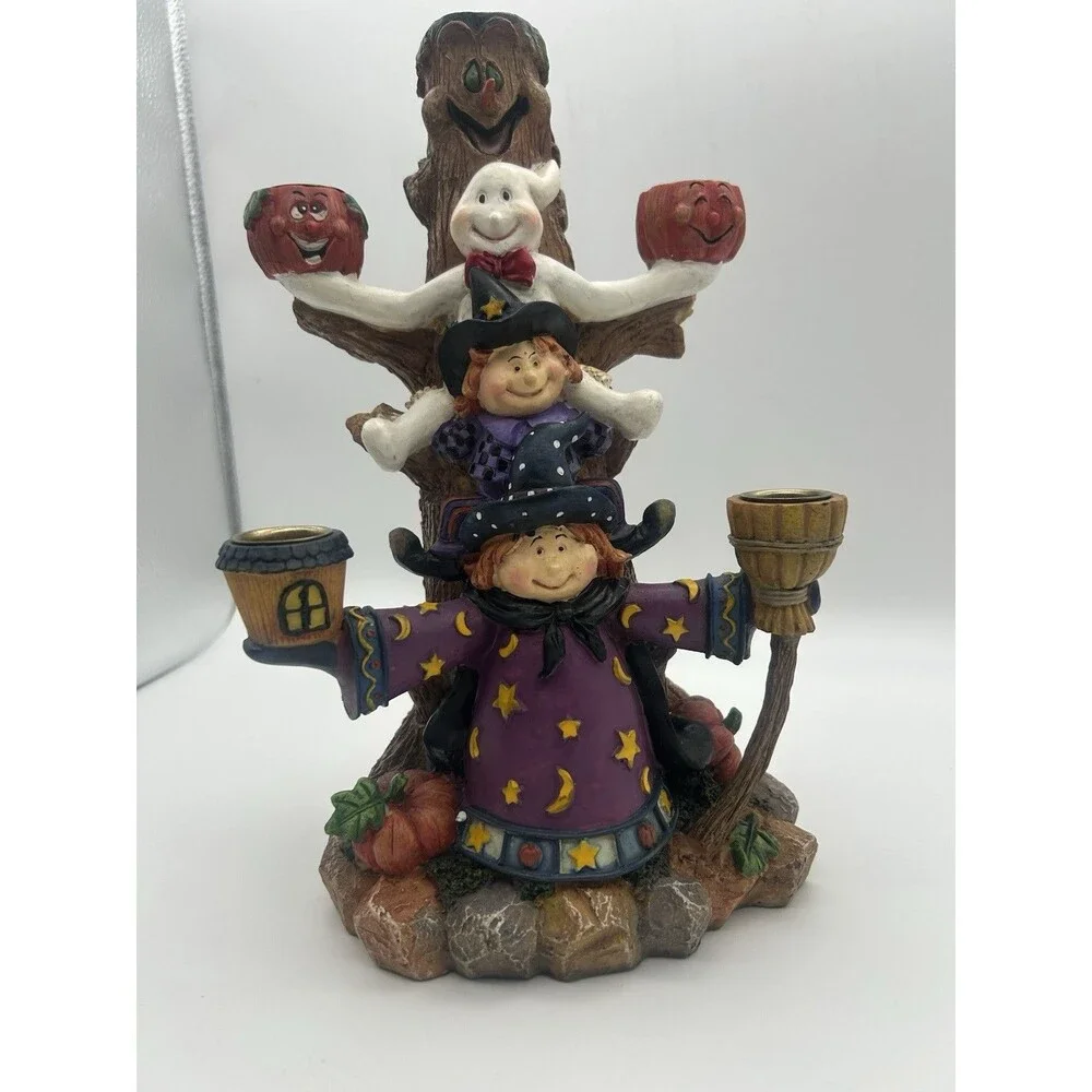 Halloween Candelabra 5 Candle Holders Witch Ghost Tree Jack-o-lanterns Broom